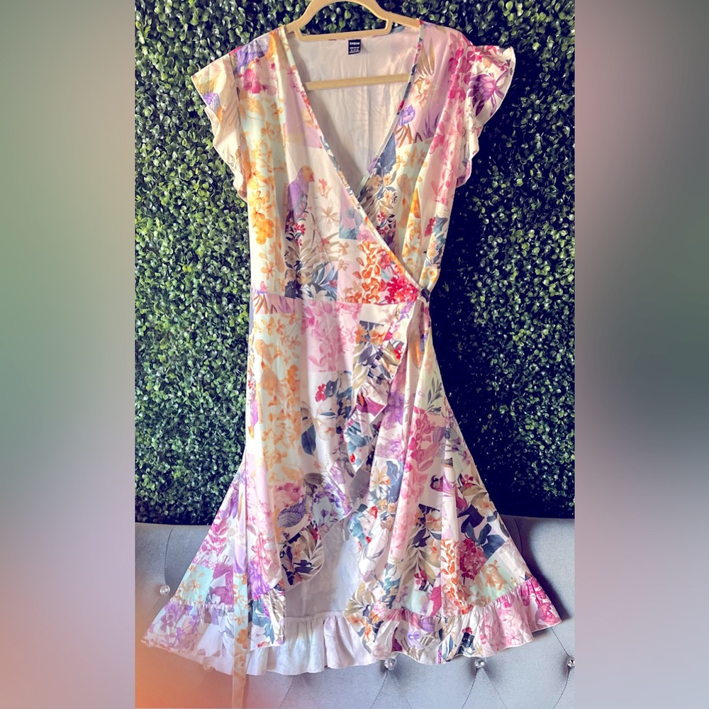 Lilac Multicolor Pattern Midi Wrap Dress
